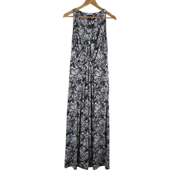 Nicole Miller Sleeveless Pleated Jersey Maxi Dress in Black White Palm Print, M‎ - Picture 1 of 9